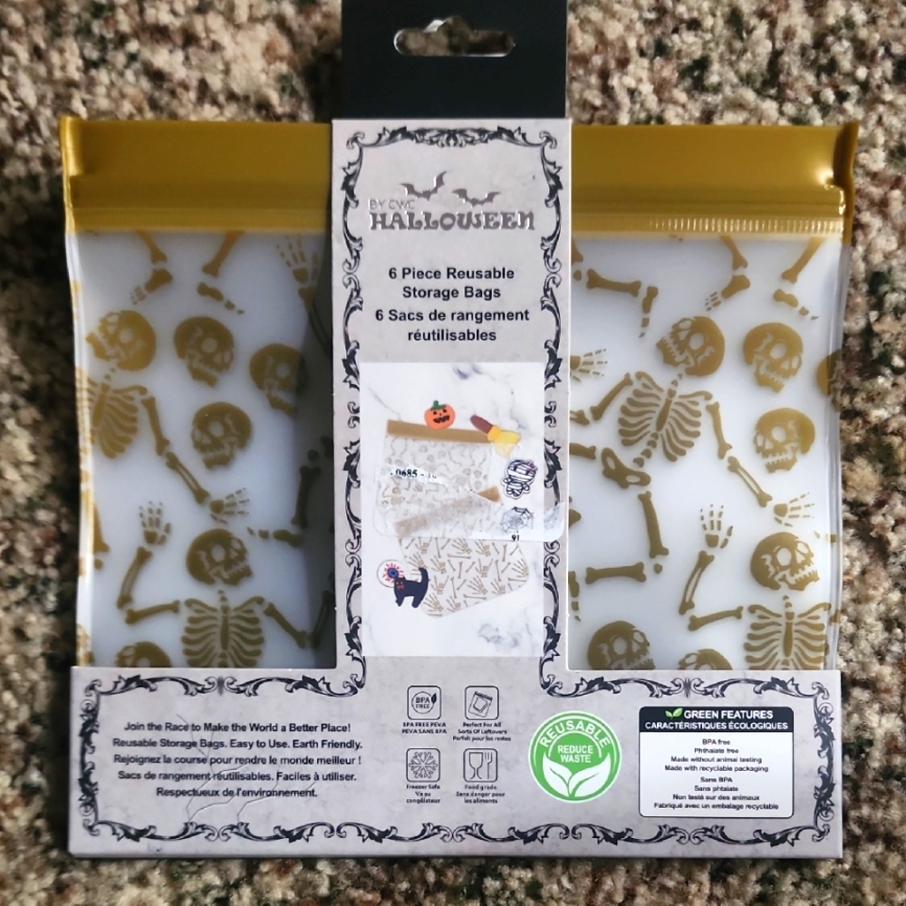 Halloween Reusable Storage Bags - Gold Skeleton Design